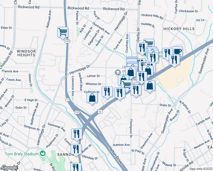map of restaurants, bars, coffee shops, grocery stores, and more near 1642 Winston Street in Florence
