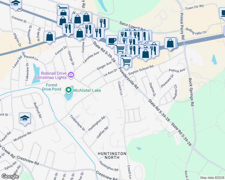 map of restaurants, bars, coffee shops, grocery stores, and more near 1104 McAlister Road in Easley