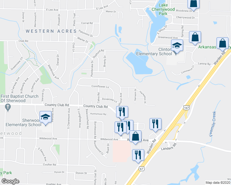 map of restaurants, bars, coffee shops, grocery stores, and more near 1436 Cornflower Lane in Sherwood