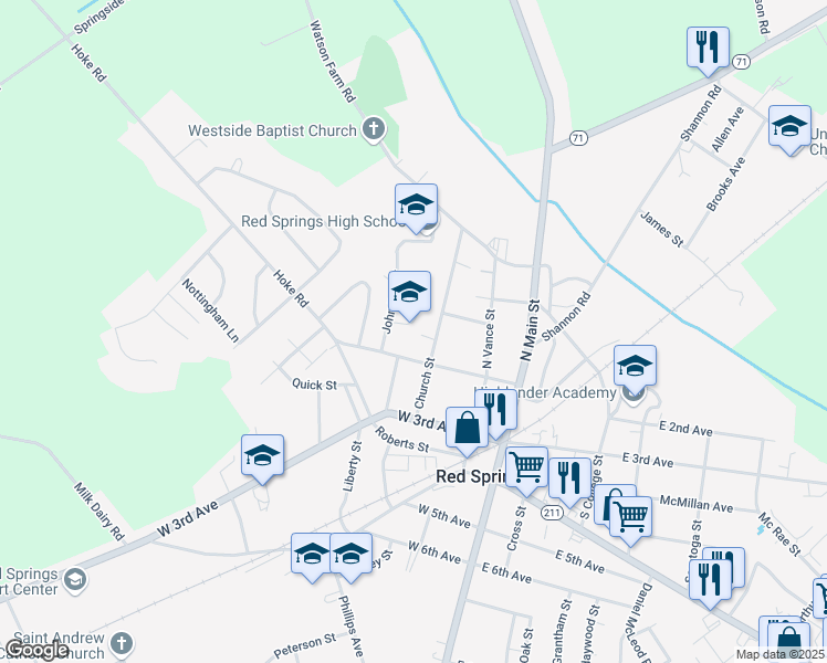 map of restaurants, bars, coffee shops, grocery stores, and more near 302 West 2nd Avenue in Red Springs