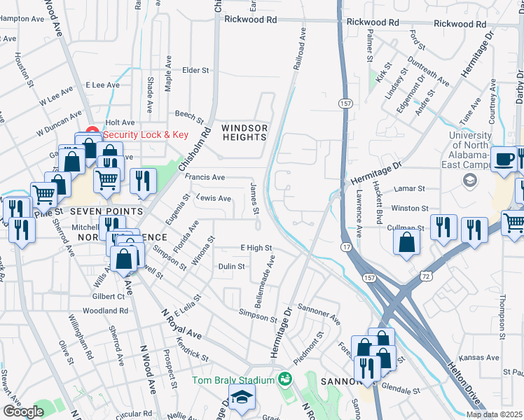 map of restaurants, bars, coffee shops, grocery stores, and more near 1346 James Street in Florence