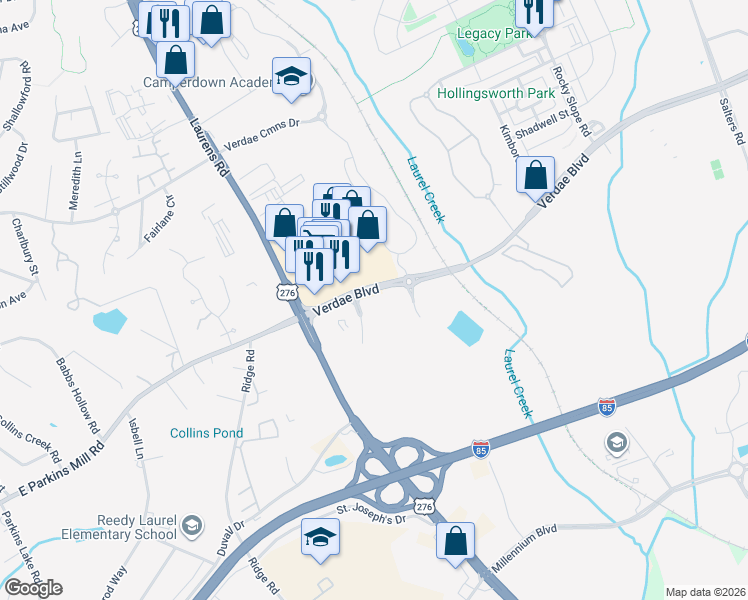map of restaurants, bars, coffee shops, grocery stores, and more near 100 Verdae Boulevard in Greenville