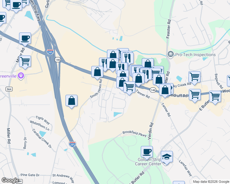 map of restaurants, bars, coffee shops, grocery stores, and more near 205 Louisville Drive in Greenville