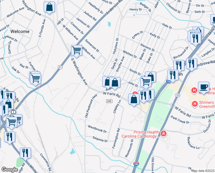 map of restaurants, bars, coffee shops, grocery stores, and more near 97 Allen Street in Greenville