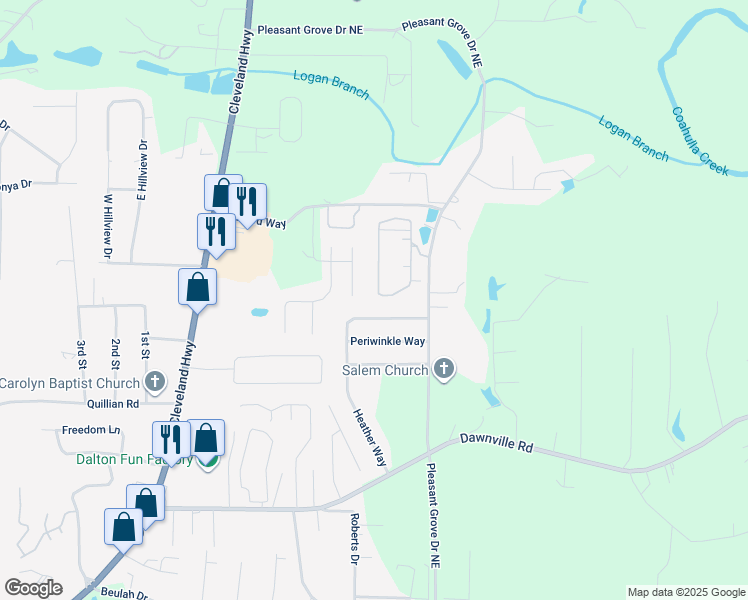 map of restaurants, bars, coffee shops, grocery stores, and more near 1477 Heather Way in Dalton