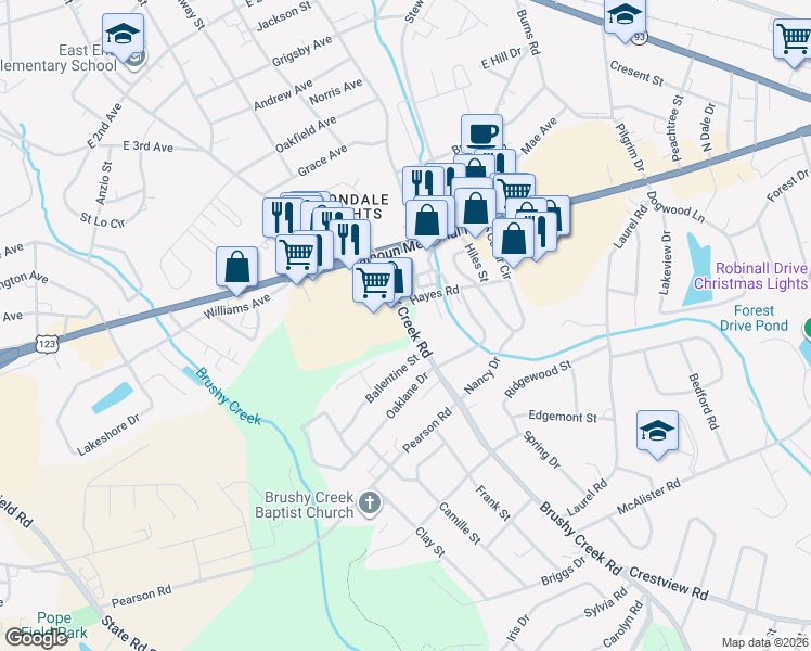 map of restaurants, bars, coffee shops, grocery stores, and more near 106 Brushy Creek Road in Easley