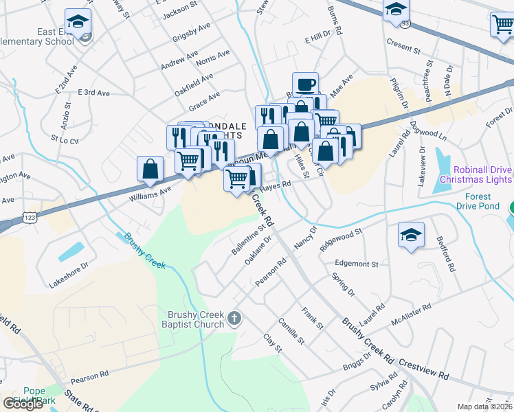 map of restaurants, bars, coffee shops, grocery stores, and more near 106 Brushy Creek Road in Easley