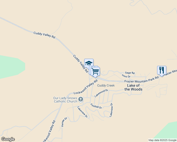map of restaurants, bars, coffee shops, grocery stores, and more near 7025 Cuddy Valley Road in Frazier Park
