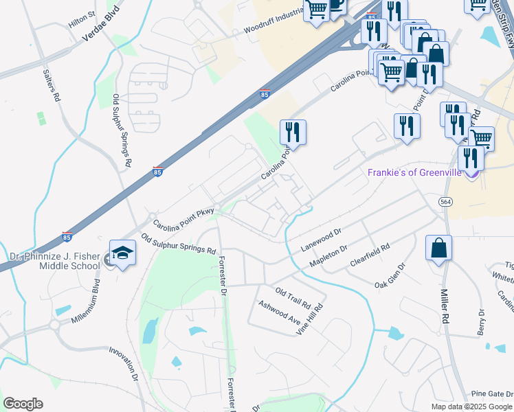 map of restaurants, bars, coffee shops, grocery stores, and more near 201 Carolina Point Parkway in Greenville