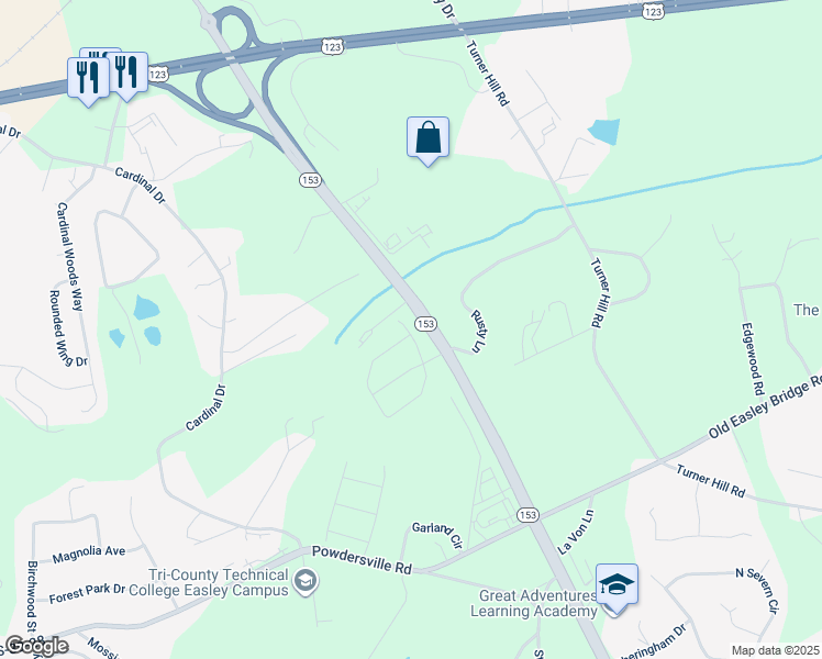map of restaurants, bars, coffee shops, grocery stores, and more near 5235 South Carolina 153 in Easley