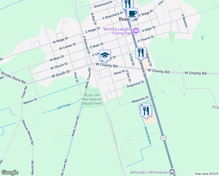 map of restaurants, bars, coffee shops, grocery stores, and more near 111 Dogwood Street in Rose Hill