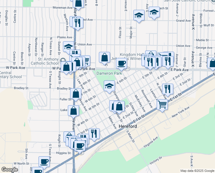 map of restaurants, bars, coffee shops, grocery stores, and more near 100-172 East 6th Street in Hereford