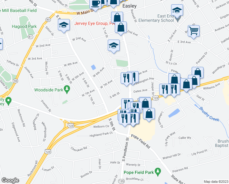 map of restaurants, bars, coffee shops, grocery stores, and more near 209 South 3rd Street in Easley