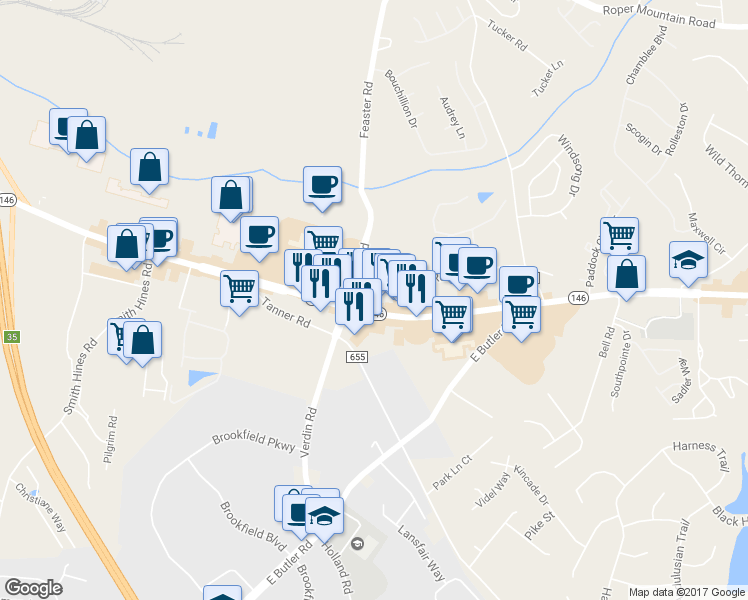map of restaurants, bars, coffee shops, grocery stores, and more near 1625 Woodruff Road in Greenville