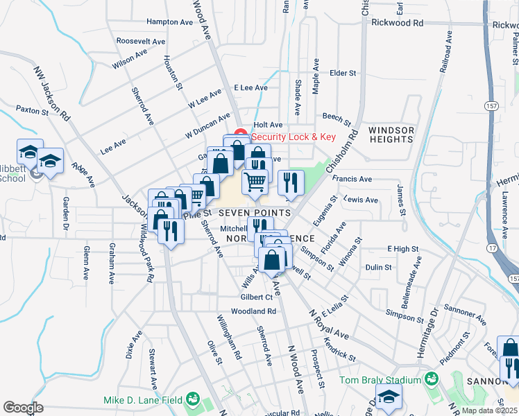 map of restaurants, bars, coffee shops, grocery stores, and more near North Wood Avenue in Florence