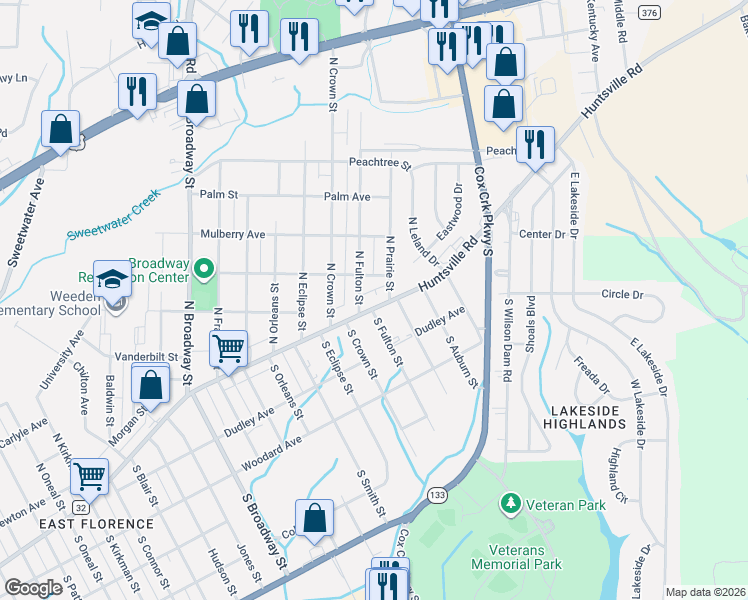map of restaurants, bars, coffee shops, grocery stores, and more near 2-98 South Fulton Street in Florence