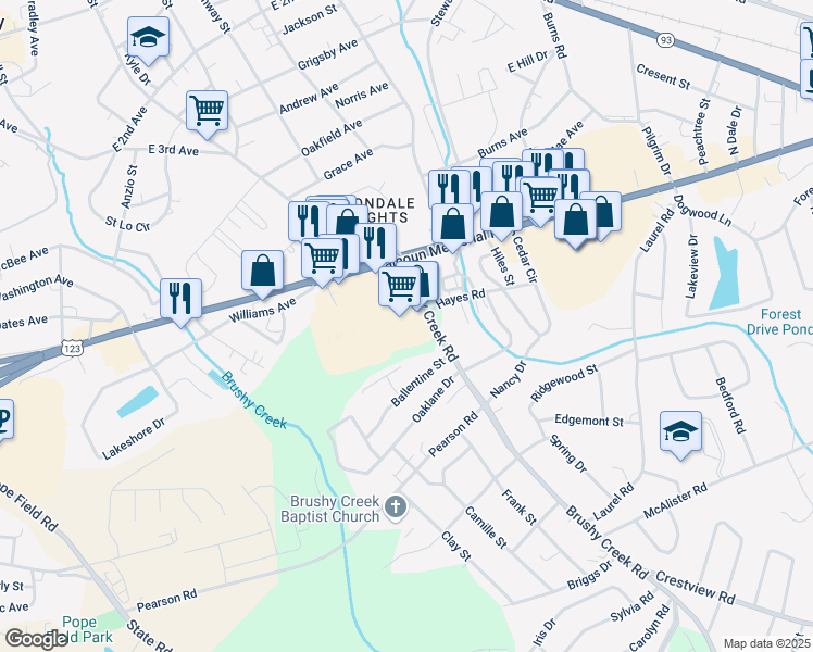 map of restaurants, bars, coffee shops, grocery stores, and more near 6525 Calhoun Memorial Highway in Easley