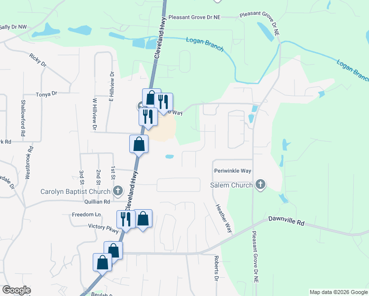 map of restaurants, bars, coffee shops, grocery stores, and more near 2110 Miller Grove Road in Dalton