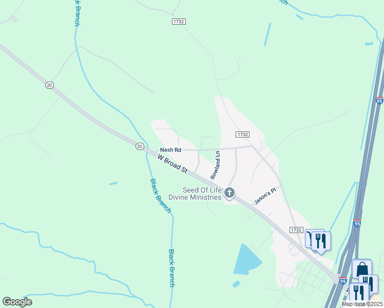 map of restaurants, bars, coffee shops, grocery stores, and more near 285 Nash Road in Saint Pauls