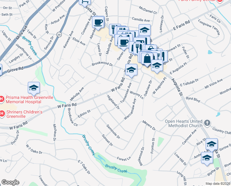 map of restaurants, bars, coffee shops, grocery stores, and more near 14 Argonne Drive in Greenville