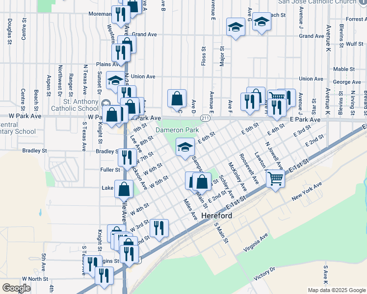 map of restaurants, bars, coffee shops, grocery stores, and more near 100-172 East 6th Street in Hereford