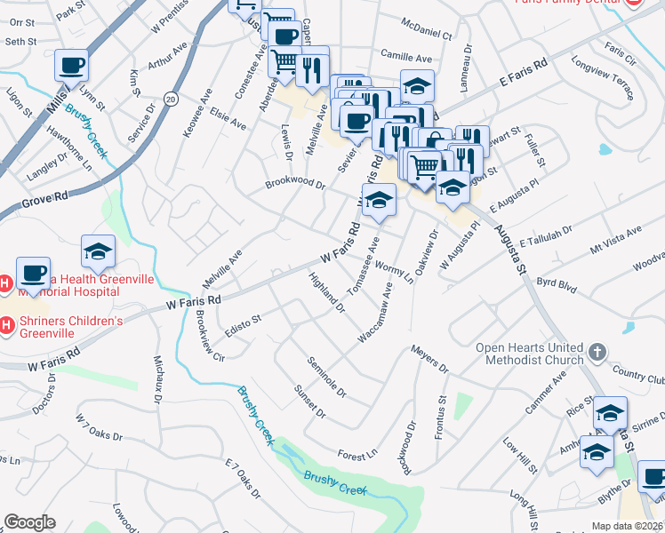 map of restaurants, bars, coffee shops, grocery stores, and more near 14 Argonne Drive in Greenville
