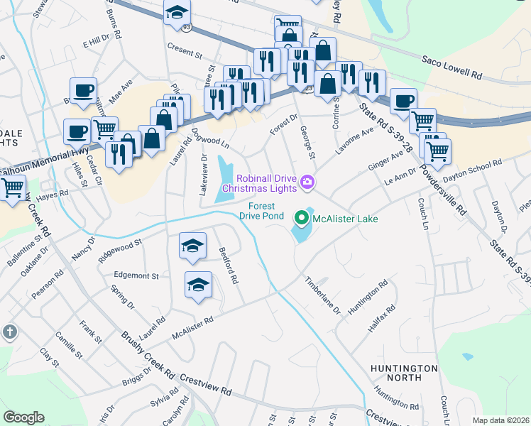 map of restaurants, bars, coffee shops, grocery stores, and more near 202 McAlister Lake Drive in Easley