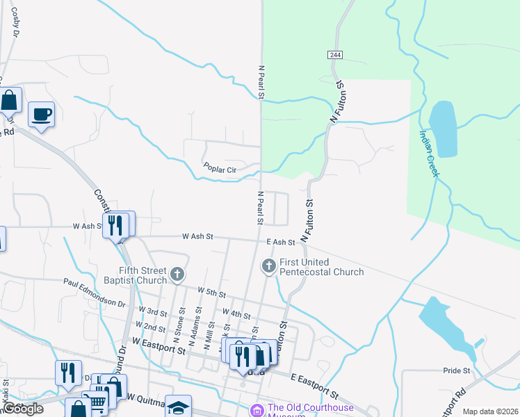 map of restaurants, bars, coffee shops, grocery stores, and more near 1000-1098 North Pearl Street in Iuka