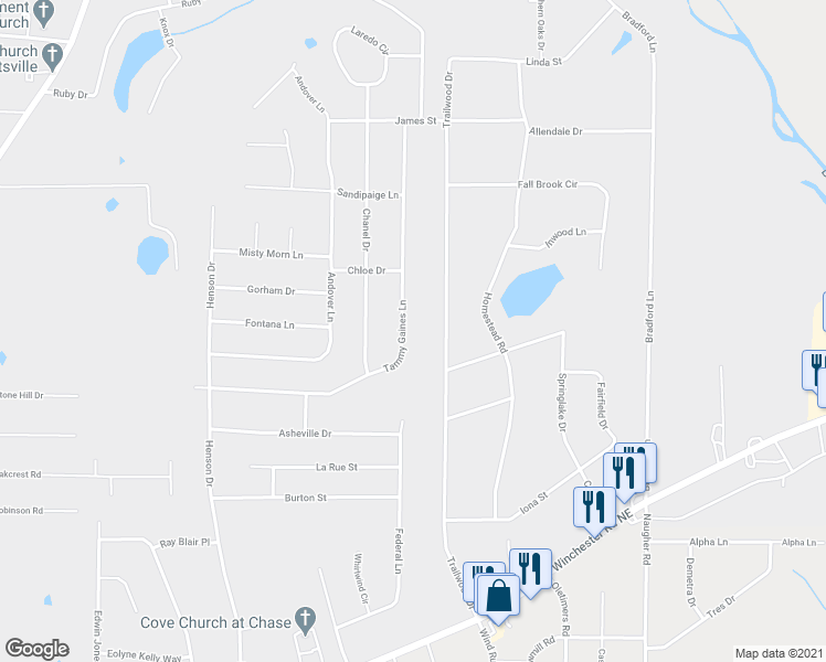 map of restaurants, bars, coffee shops, grocery stores, and more near 145 Tammy Gaines Lane in Huntsville