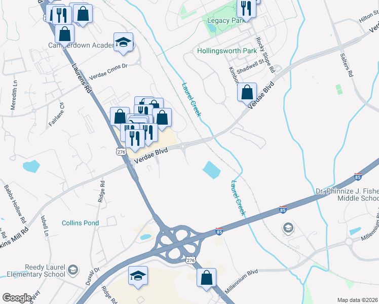 map of restaurants, bars, coffee shops, grocery stores, and more near 200 Verdae Boulevard in Greenville