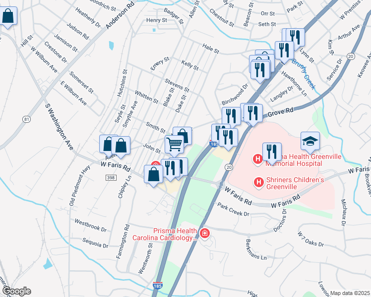 map of restaurants, bars, coffee shops, grocery stores, and more near 6 K-Mart Plaza in Greenville