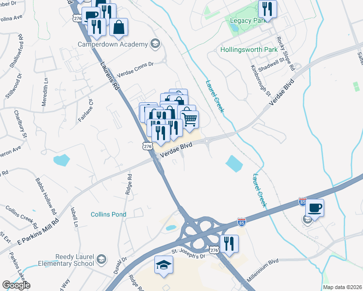 map of restaurants, bars, coffee shops, grocery stores, and more near 100 Verdae Boulevard in Greenville