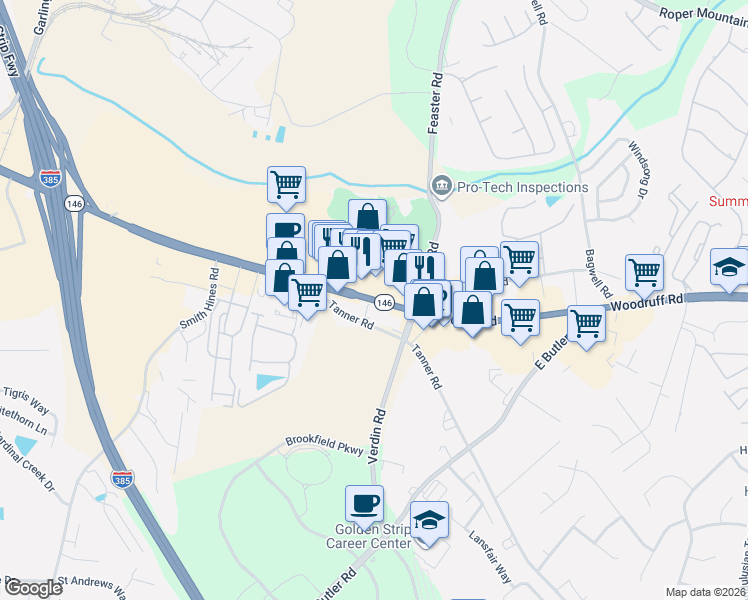 map of restaurants, bars, coffee shops, grocery stores, and more near 1578 Woodruff Road in Greenville