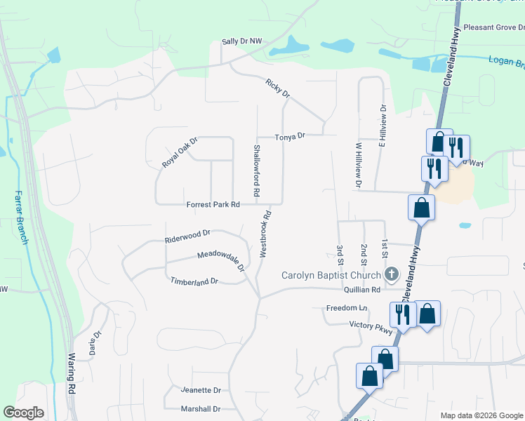 map of restaurants, bars, coffee shops, grocery stores, and more near 521 Westbrook Road in Dalton