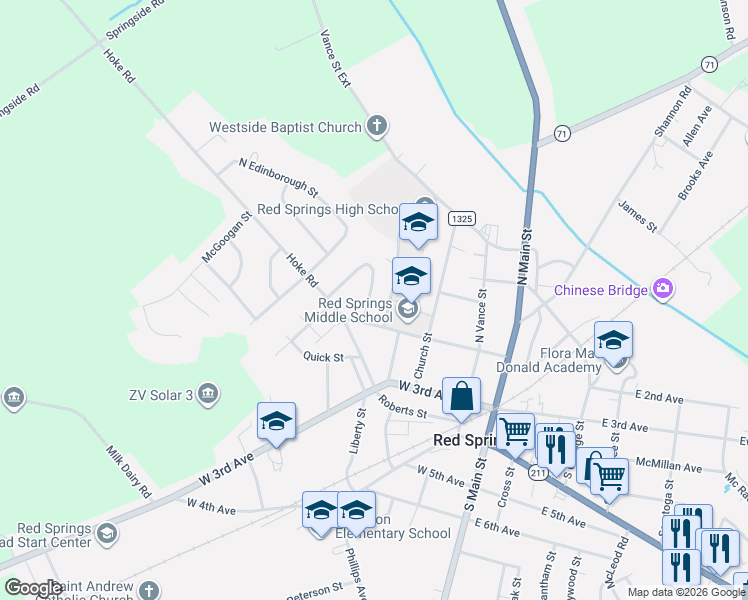 map of restaurants, bars, coffee shops, grocery stores, and more near 110 East McNeill Drive in Red Springs