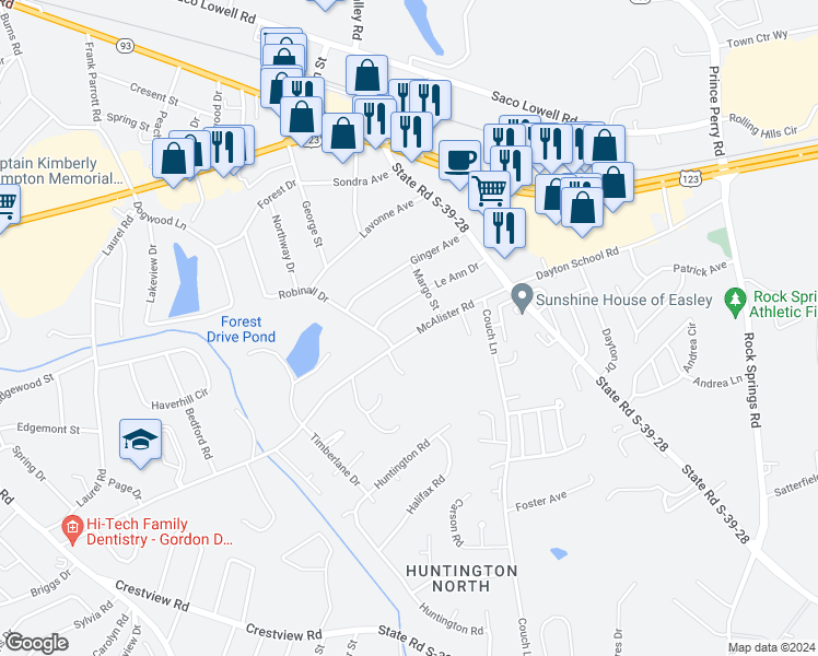 map of restaurants, bars, coffee shops, grocery stores, and more near 1013 McAlister Road in Easley