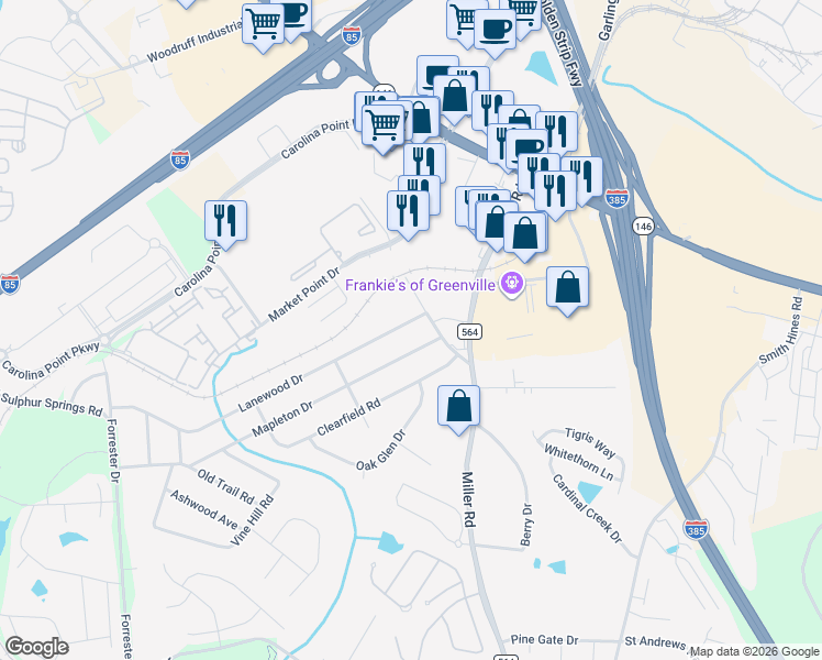 map of restaurants, bars, coffee shops, grocery stores, and more near 511 Mapleton Drive in Greenville