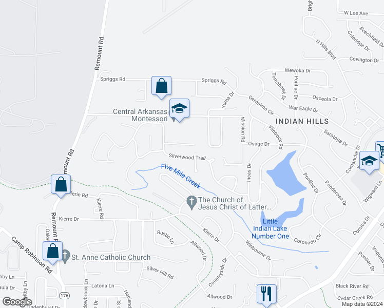 map of restaurants, bars, coffee shops, grocery stores, and more near 901 Silverwood Trail in North Little Rock