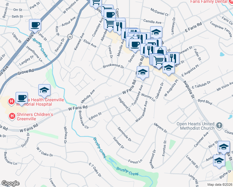 map of restaurants, bars, coffee shops, grocery stores, and more near 12 Highland Drive in Greenville