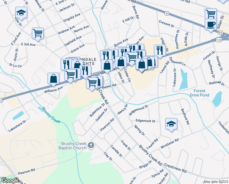 map of restaurants, bars, coffee shops, grocery stores, and more near 115 Brushy Creek Road in Easley