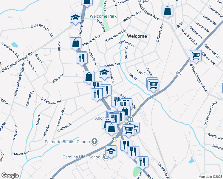 map of restaurants, bars, coffee shops, grocery stores, and more near 36 East Welcome Road in Greenville