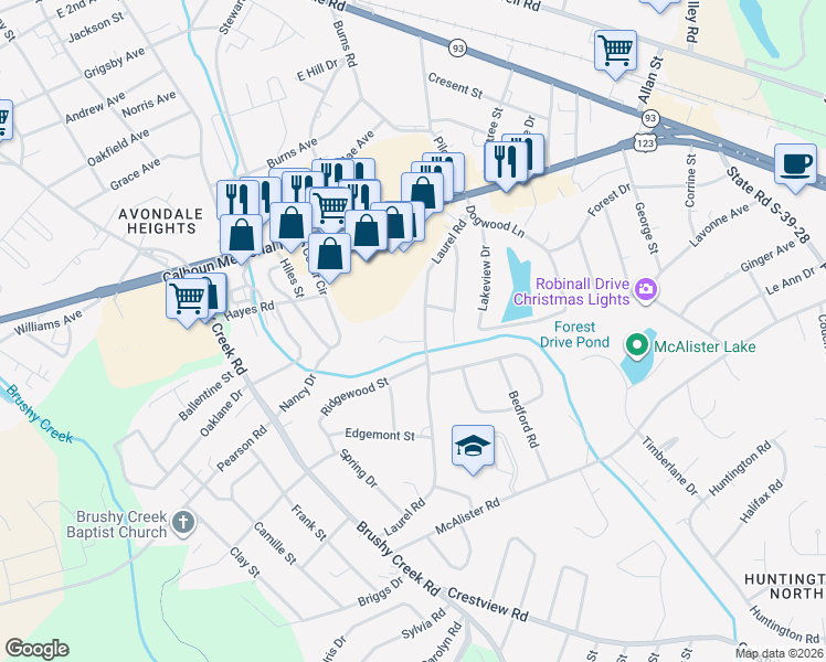 map of restaurants, bars, coffee shops, grocery stores, and more near 102 Ridgewood Street in Easley