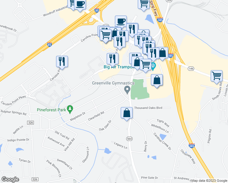 map of restaurants, bars, coffee shops, grocery stores, and more near 414 Lanewood Drive in Greenville