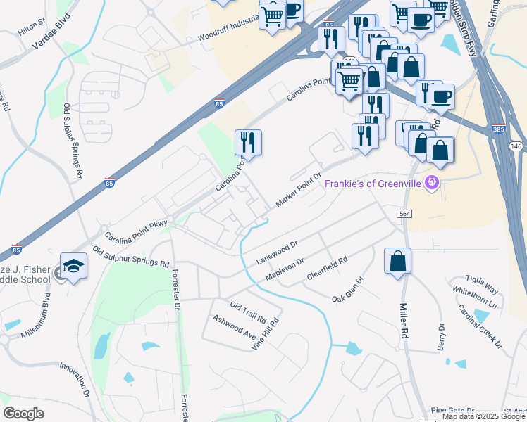 map of restaurants, bars, coffee shops, grocery stores, and more near 97 Market Point Drive in Greenville