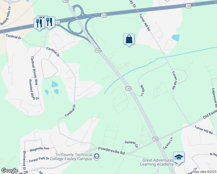 map of restaurants, bars, coffee shops, grocery stores, and more near 5235 South Carolina 153 in Easley
