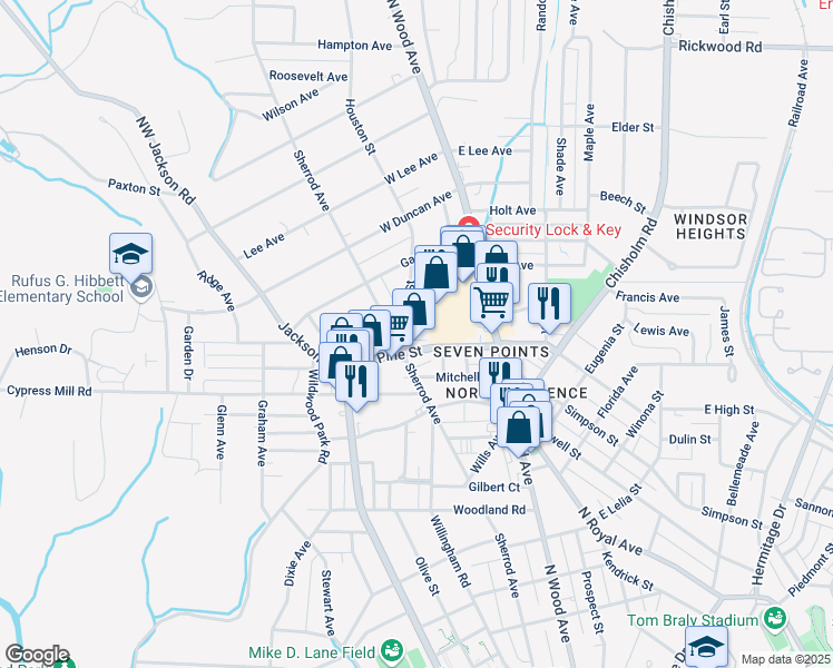 map of restaurants, bars, coffee shops, grocery stores, and more near 1512 Houston Street in Florence