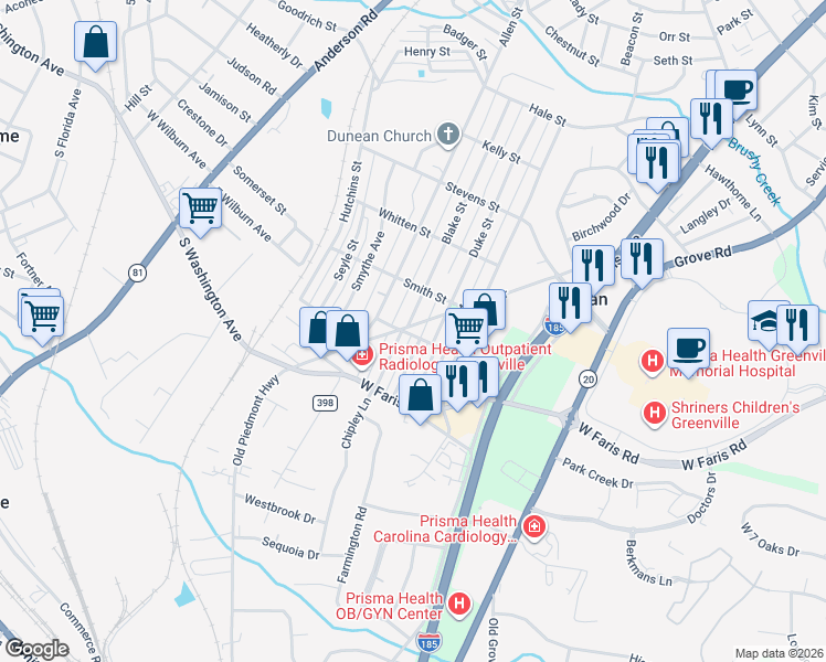 map of restaurants, bars, coffee shops, grocery stores, and more near 1173 Marue Drive in Greenville
