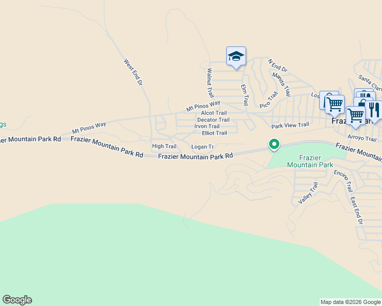 map of restaurants, bars, coffee shops, grocery stores, and more near 4322 Grant Trail in Frazier Park
