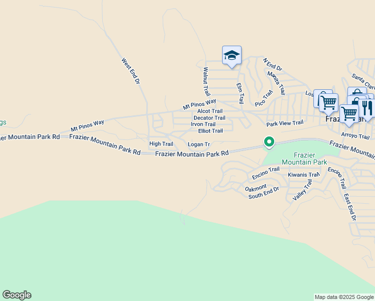 map of restaurants, bars, coffee shops, grocery stores, and more near 4322 Grant Trail in Frazier Park