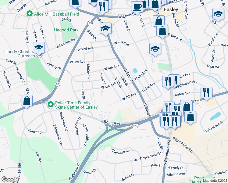 map of restaurants, bars, coffee shops, grocery stores, and more near 206 South 8th Street in Easley